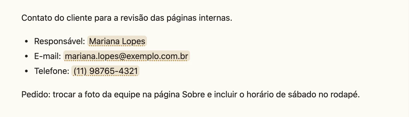 Documento com o nome, o e-mail e o telefone do cliente marcados como privados
