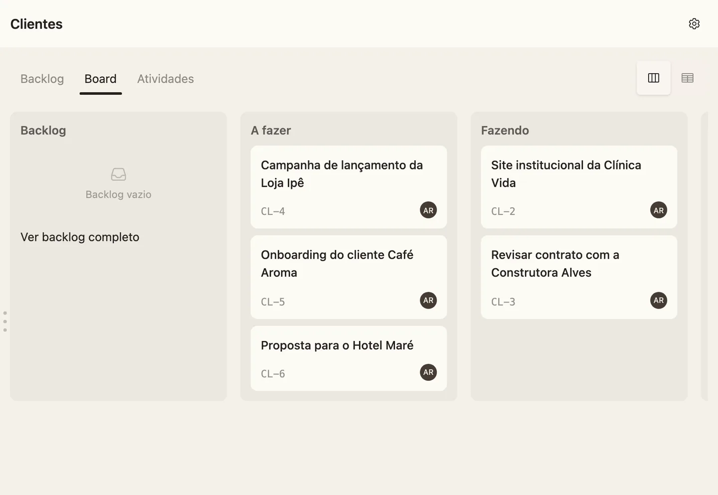 Quadro de um espaço com cards por etapa
